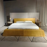 Warm Yellow Suede Upholstered Bed with Minimalist Half-Slat Back Panel & Skirted Base